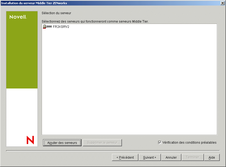 Page Sélection du serveur de l'assistant d'installation du serveur Middle Tier ZENworks