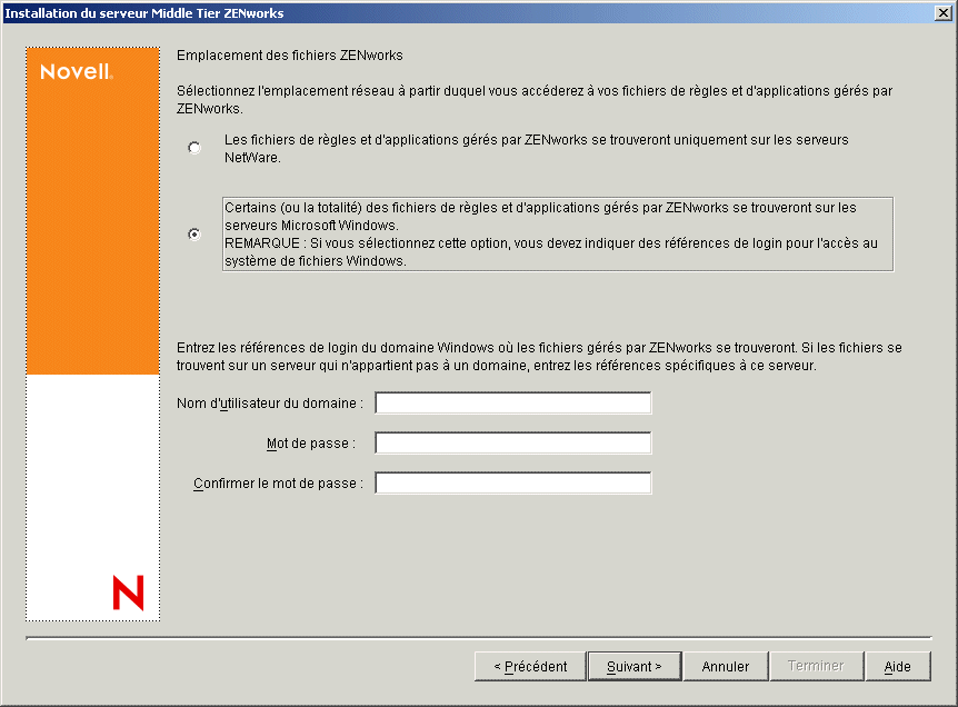 Page Emplacement des fichiers ZENworks de l'assistant d'installation du serveur Middle Tier ZENworks