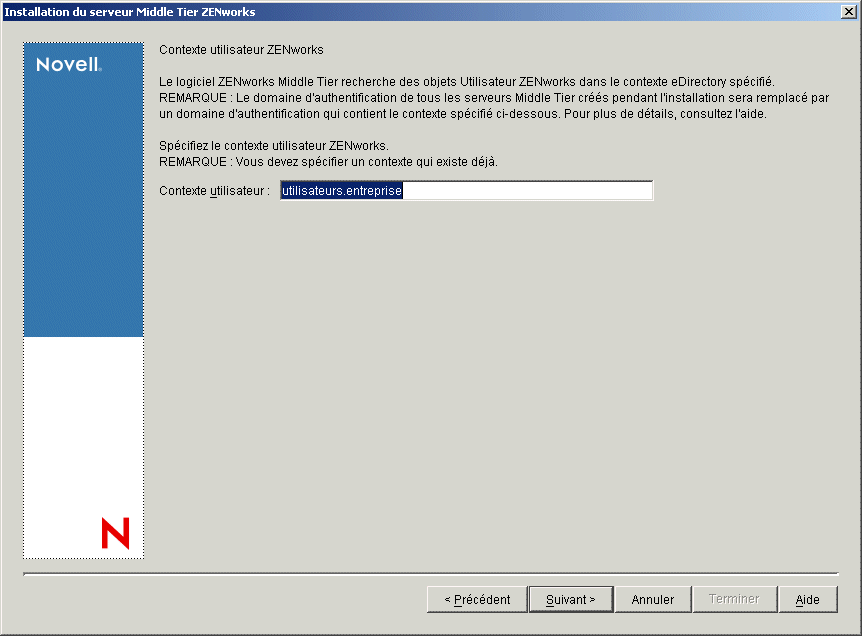 Page Contexte utilisateur ZENworks de l'assistant d'installation du serveur Middle Tier ZENworks