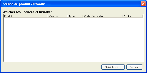 Menu de licence ZENworks