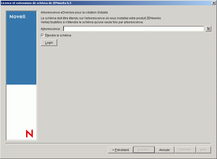 Page Arborescence eDirectory pour la création d'objets de l'assistant d'extension du schéma et de licence de produit