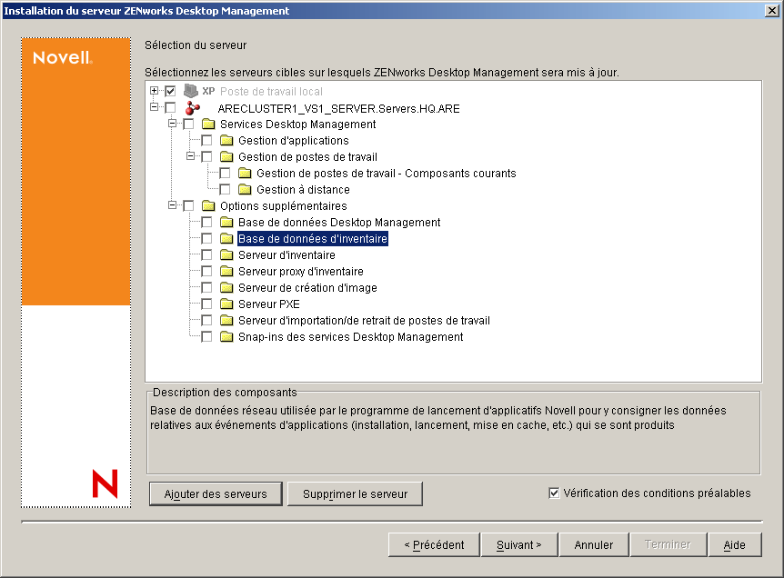 Page Sélection du serveur de l'assistant d'installation des services ZENworks Desktop Management. Les composants Desktop Management disponibles sont listés comme options d'installation.