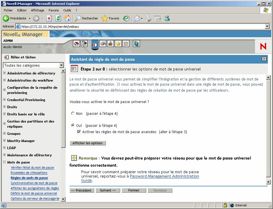 Page Étape 2 de l'Assistant de stratégie de mot de passe dans Novell iManager.