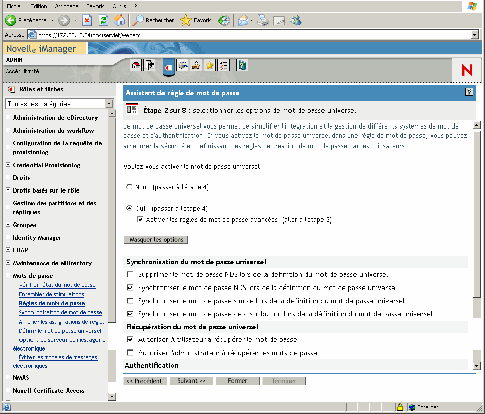 Page Étape 2 de l'Assistant de stratégie de mot de passe avec les options de synchronisation des mots de passe affichées.