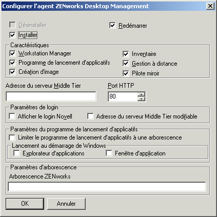 Boîte de dialogue Configurer l'agent ZENworks Desktop Management.