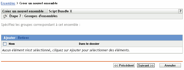 Étape 7 de création d'un nouvel ensemble : groupes d'ensembles