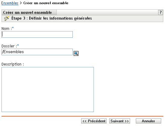 Étape 3 page de création d'un nouvel ensemble : définir les informations générales (champs Nom, Dossier, et Description)