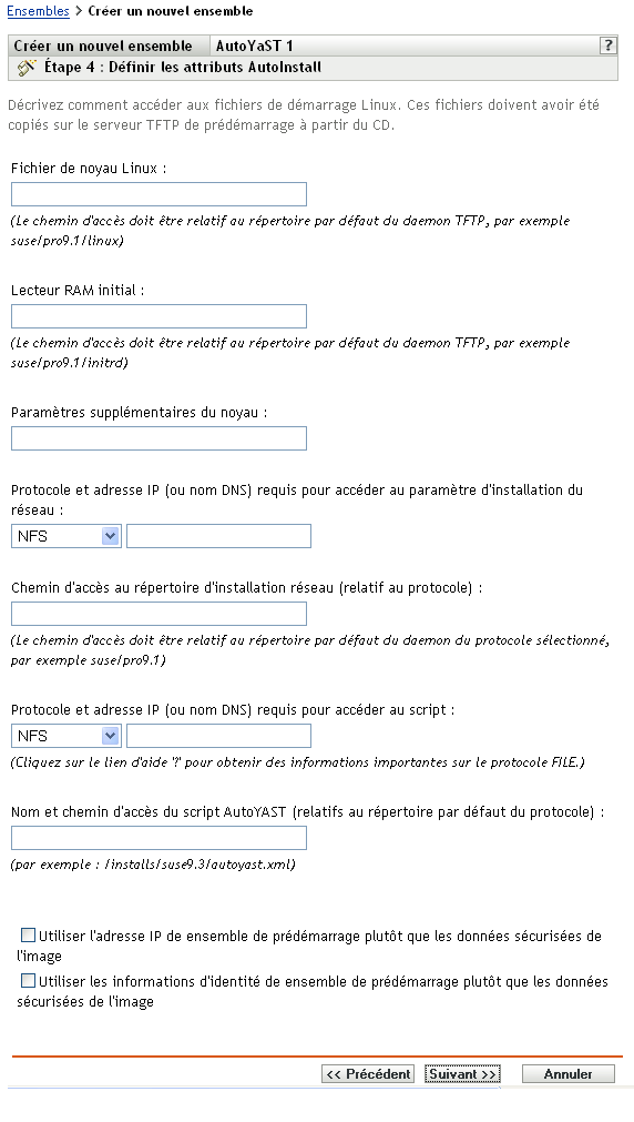 Étape 4 page de création d'un nouvel ensemble : définir les attributs AutoInstall (champs Fichier de noyau Linux et Lecteur RAM initial)