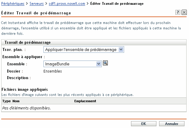 Page Éditer le travail de pré-lancement avec l'option Appliquer l'ensemble de pré-lancement sélectionnée dans le champ Travail planifié (Les champs Ensemble à appliquer et Fichiers d'image appliqués sont également affichés)