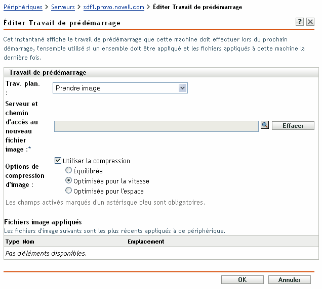 Page Éditer le travail de pré-lancement avec l'option Prendre une image sélectionnée dans le champ Travail planifié (Les champs Serveur et chemin d'accès au nouveau fichier image, Options de compression d'image et Fichiers d'image appliqués sont également affichés)