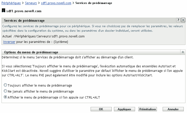 Page Paramètres des services de pré-lancement du dossier Servers