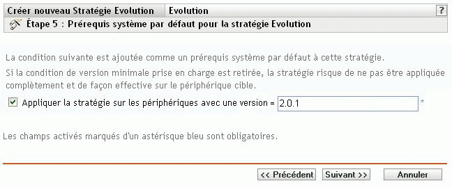 Page Configuration requise par défaut pour la stratégie Evolution