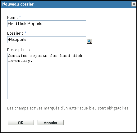 Boîte de dialogue Créer un dossier de rapports