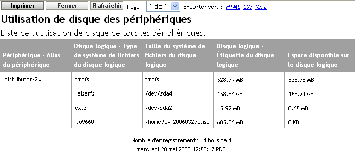 Page Génération de rapport