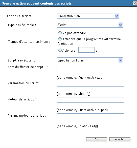 Boîte de dialogue Nouvelle action pouvant contenir des scripts