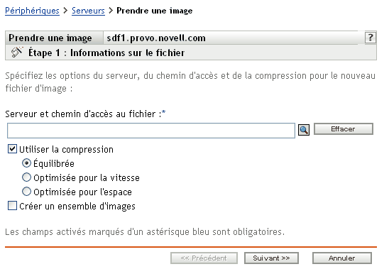 Étape 1 page de création d'un nouvel ensemble : informations sur le fichier (Champs Serveur et chemin d'accès au fichier, Utiliser la compression, et Créer un ensemble d'images)