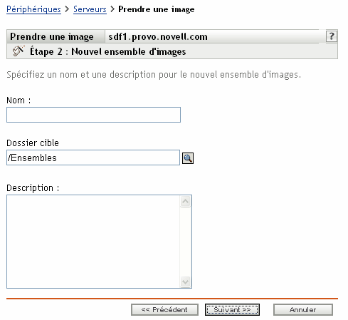 Étape 2 page de création d'un nouvel ensemble : nouvel ensemble d'images (champs Nom, Dossier cible, et Description)