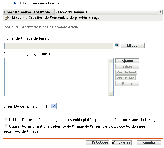 Étape 4 page de création d'un nouvel ensemble : création de l'ensemble de pré-lancement (champs Fichier de l'image de base, Fichiers d'images ajoutées, et Ensemble de fichiers)