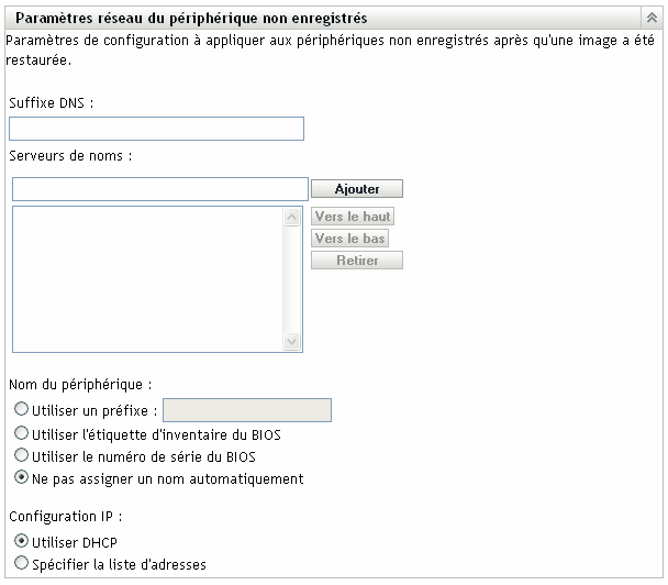 Section Paramètres d'un périphérique non enregistré