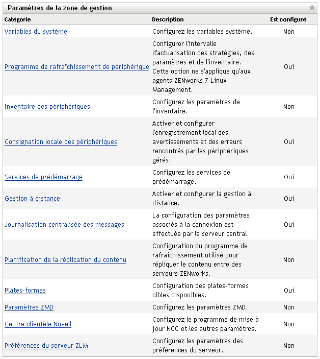 Menu Paramètres de la zone de gestion