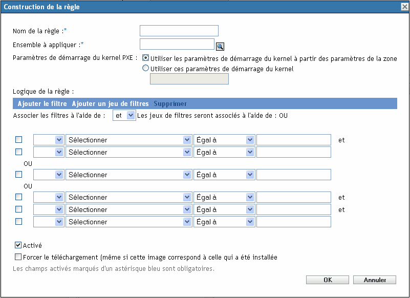 La boîte de dialogue Construction de la règle avec des champs développés