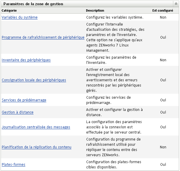 Volet Paramètres de la zone de gestion, dans lequel la catégorie Inventaire des périphériques est sélectionnée.