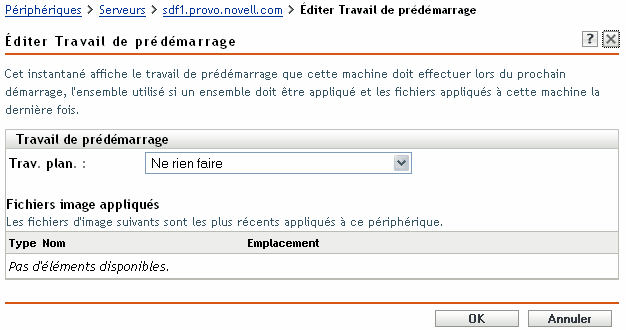 Page Éditer le travail de pré-lancement avec l'option Ne rien faire sélectionnée dans le champ Travail planifié (Le champ Fichiers d'image appliqués est également affiché)