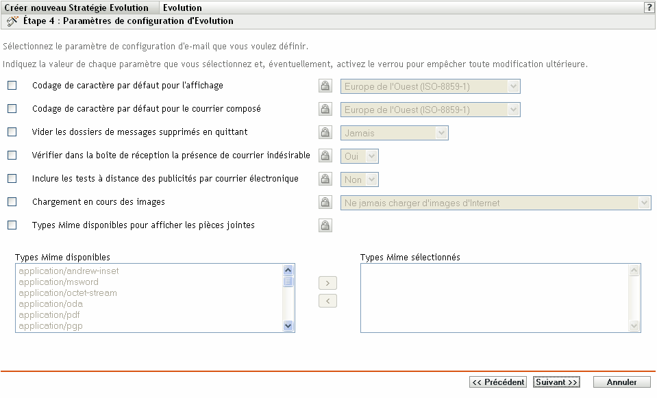 Page Paramètres de configuration d'Evolution