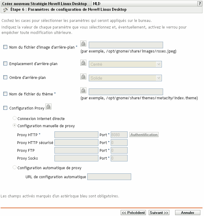 Page Paramètres de configuration de Novell Linux Desktop