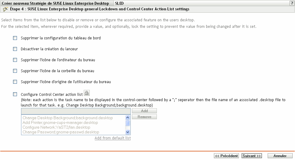 Page Paramètres de verrouillage général et de la liste d'opérations du centre de contrôle de SUSE Linux Enterprise Desktop