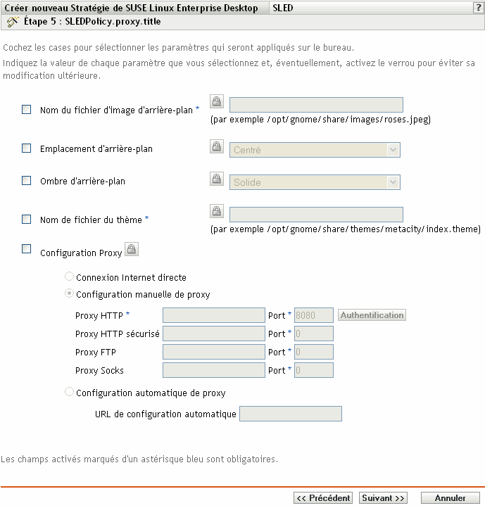 Page des paramètres de proxy de SUSE Linux Enterprise Desktop