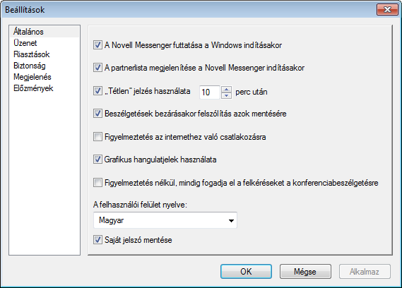 A Messenger Beállítások párbeszédpanele