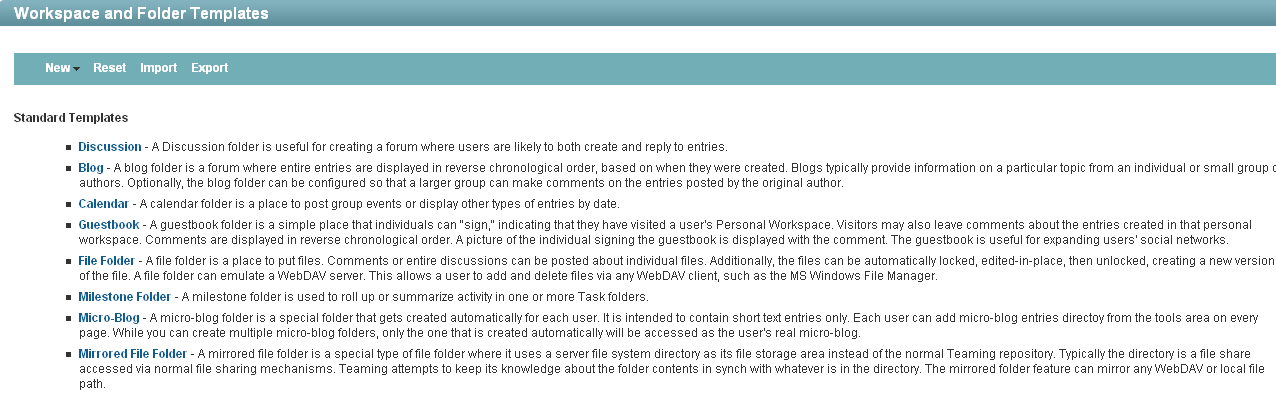 Manage Workspace and Folder Templates page Manage Workspace and Folder Templates page