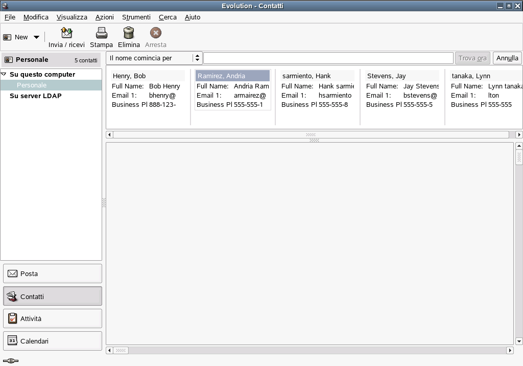 Finestra dellelenco dei contatti di Evolution