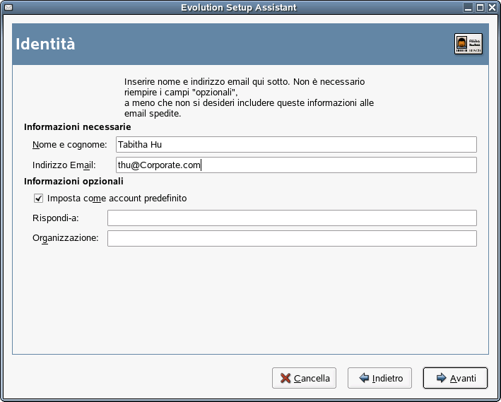 Sezione Identit dell'assistente per la configurazione di Evolution