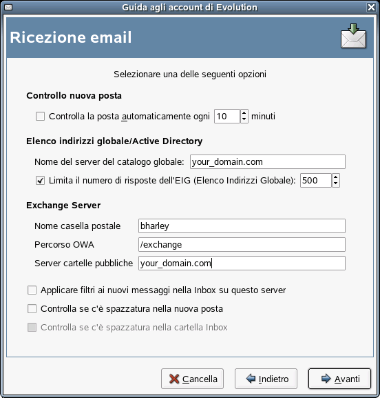 Opzioni di ricezione di Microsoft Exchange