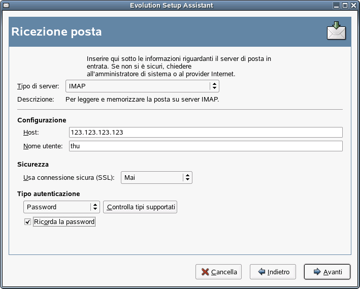 Sezione ricezione posta dell'assistente per la configurazione di Evolution