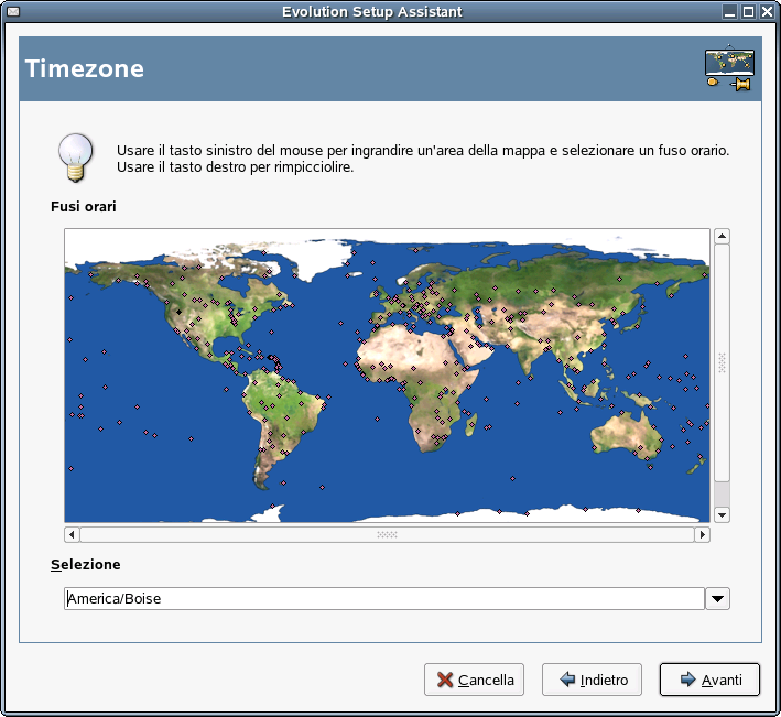 Sezione fuso orario dell'assistente per la configurazione di Evolution