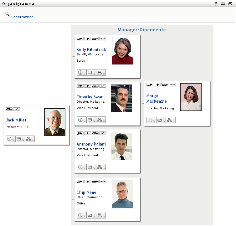 L'organigramma dell'utente mostra due livelli di gestione al di sopra dell'utente