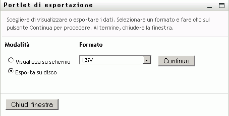 Nella portlet di esportazione viene richiesto di specificare un formato di esportazione