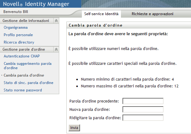 Pagina Cambia parola d'ordine