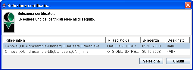 Finestra Seleziona certificato