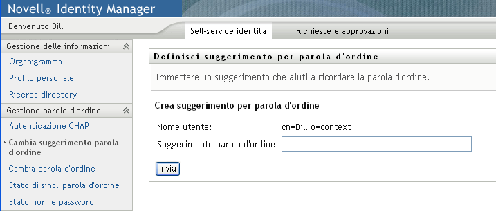 Pagina Definizione suggerimento per la password