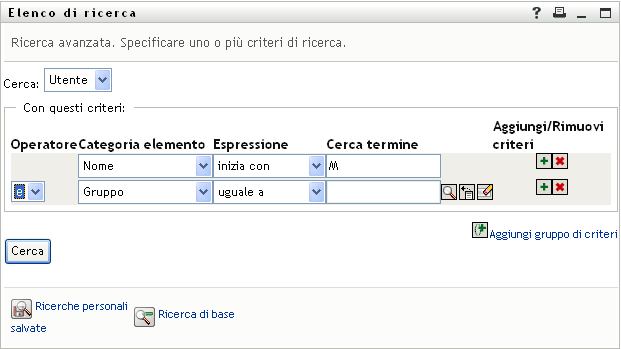 Specifica di criteri di ricerca avanzati nella pagina Elenco di ricerca