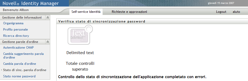 Pagina Stato sinc password