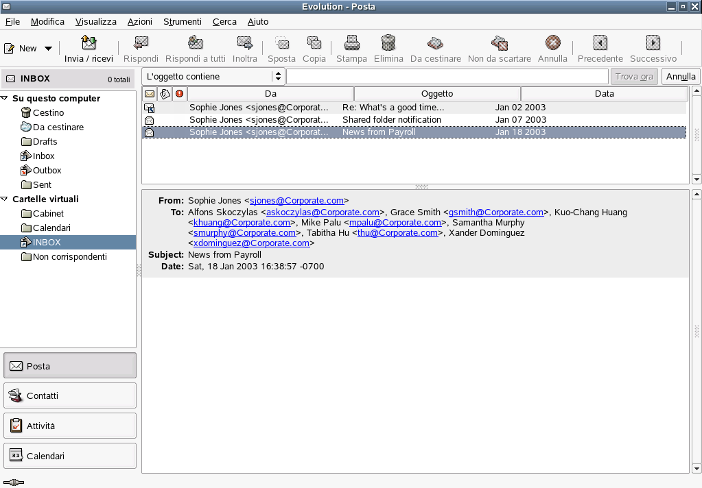 Finestra Inbox di Evolution