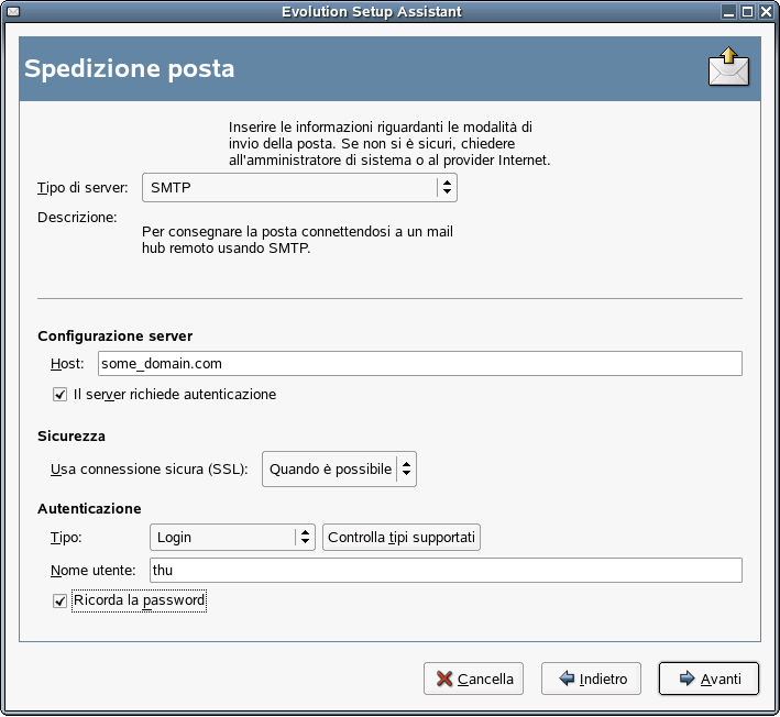 Sezione invio posta dell'assistente per la configurazione di Evolution