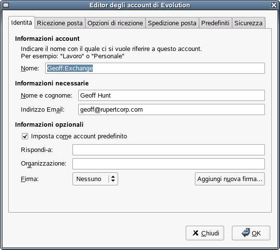 Creazione di un conto Exchange, fase 1: Identit