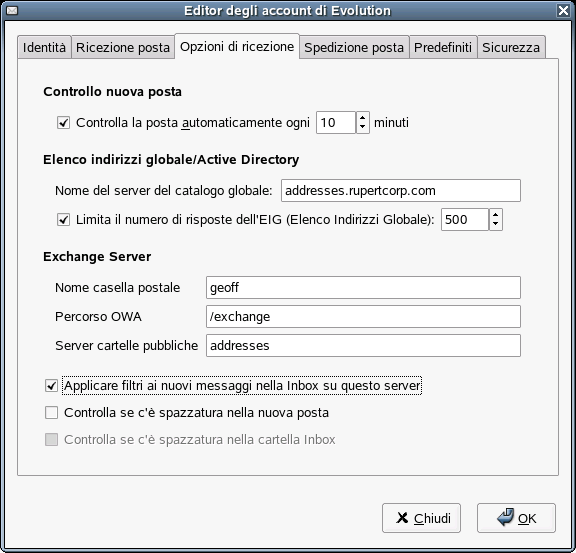 Creazione di un conto Exchange, fase 3: Opzioni di posta