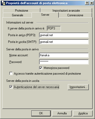 Pagina delle propriet del server per il conto e-mail